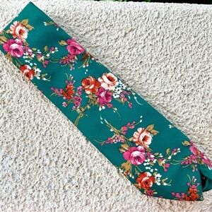 Vintage Tie Miracle Fabric Cravat Floral Green Pink Cream Rose Retro 1960s 70s